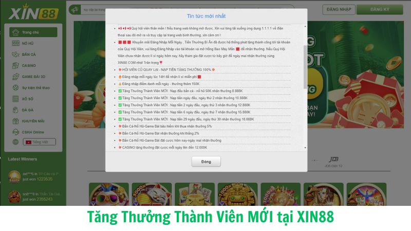 Tăng Thưởng Thành Viên MỚI tại XIN88